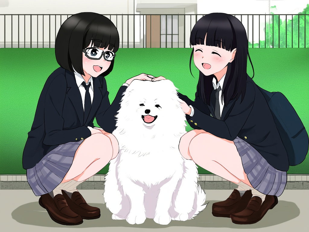 anime girls with samoyed in garden