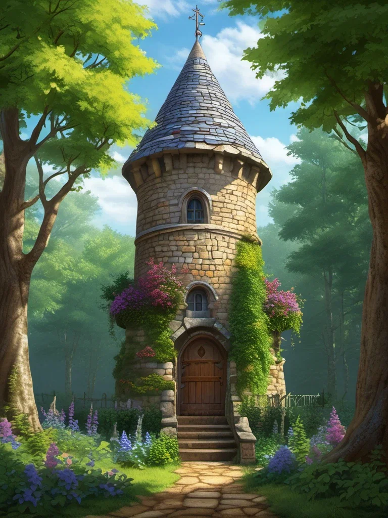 fantasy art solitary stone tower forest