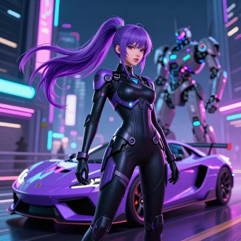 futuristic female character purple hair armor