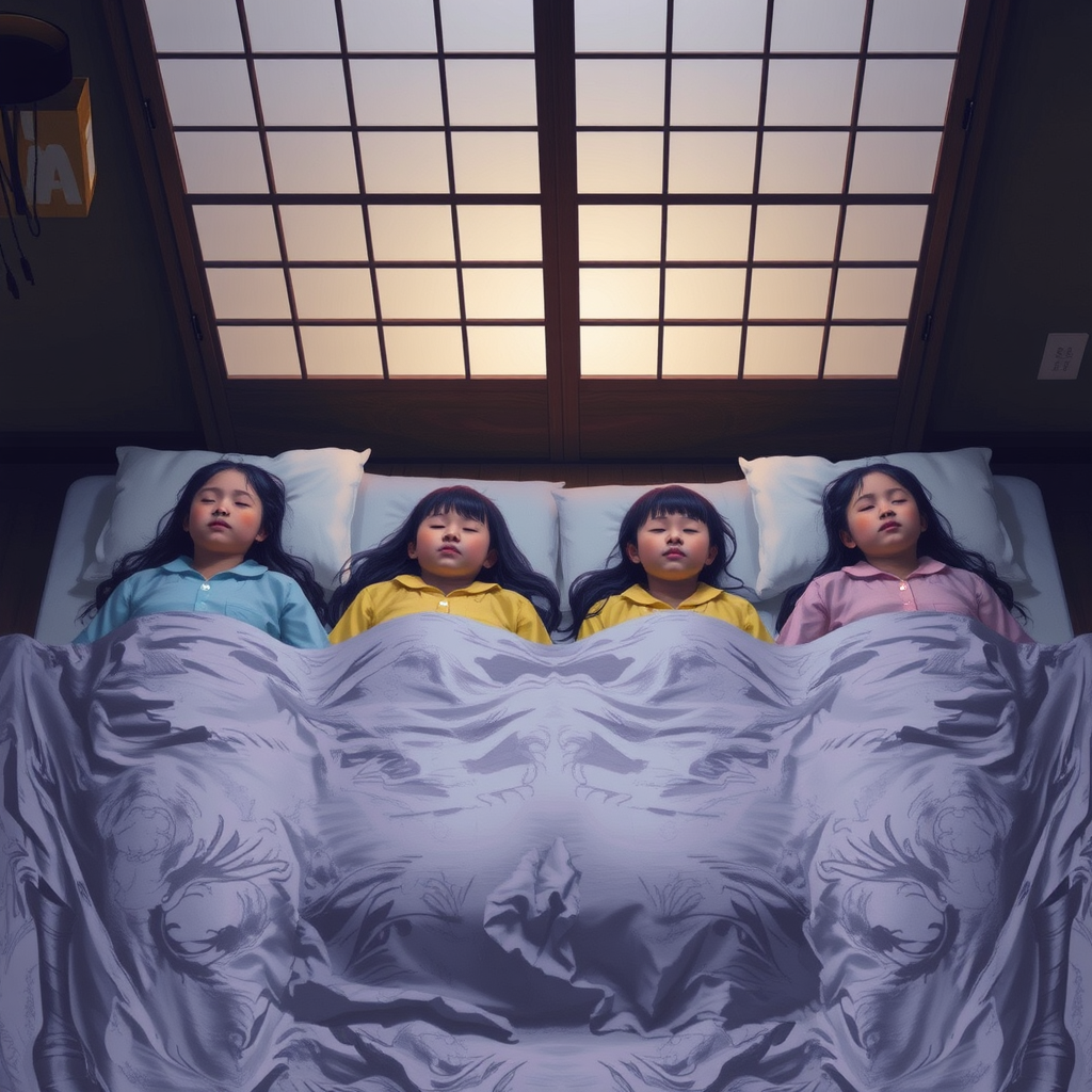 four elementary school girls sleeping in japanese room