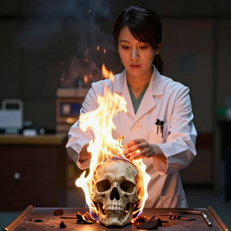 female doctor performs ritual fire on skull
