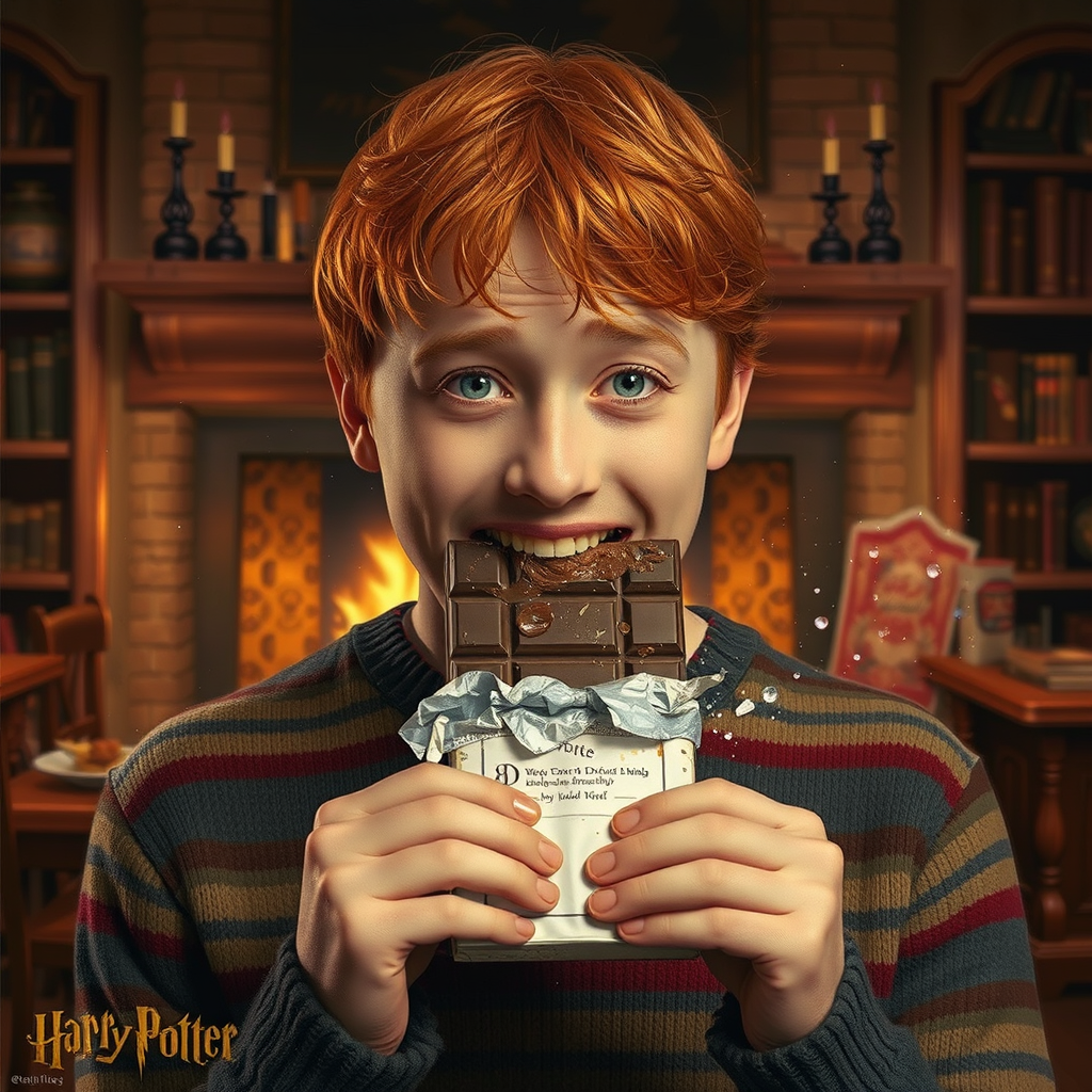 ron weasley eating chocolate in cozy room