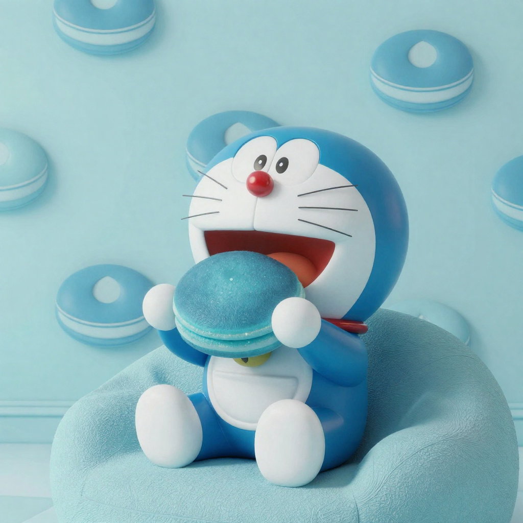 sapphire doraemon eating cyan dorayaki in cyberpunk room