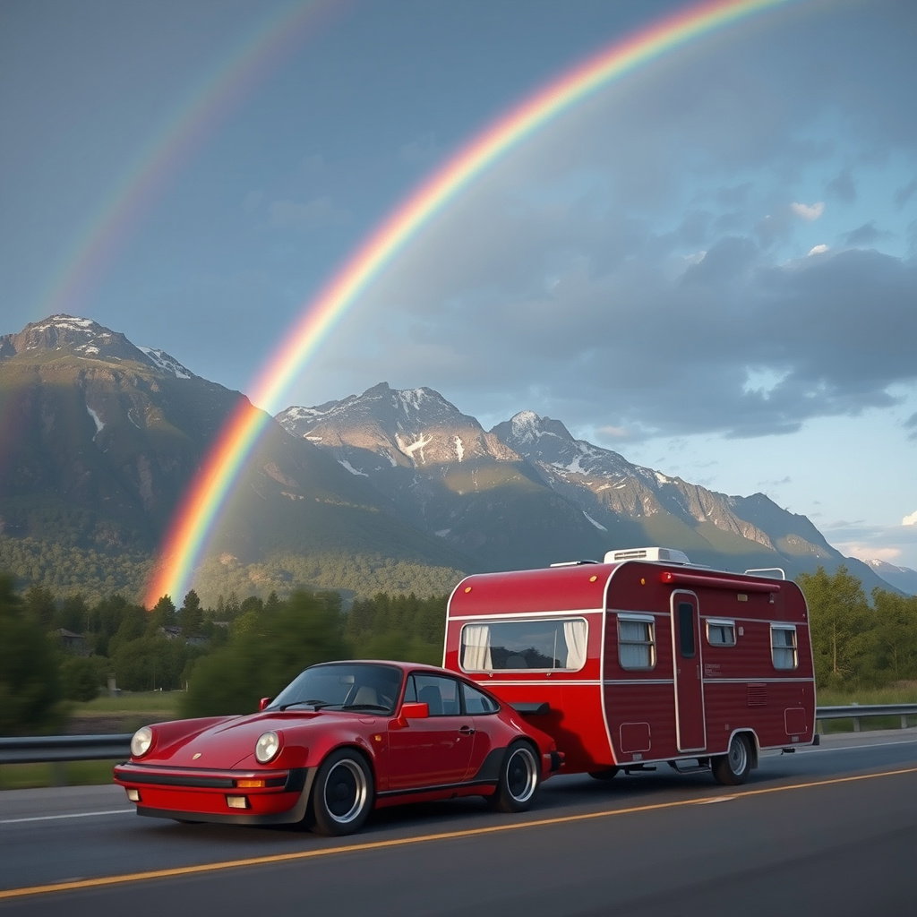 scarlet porsche 911 turbo towing camper trailer alpine highway
