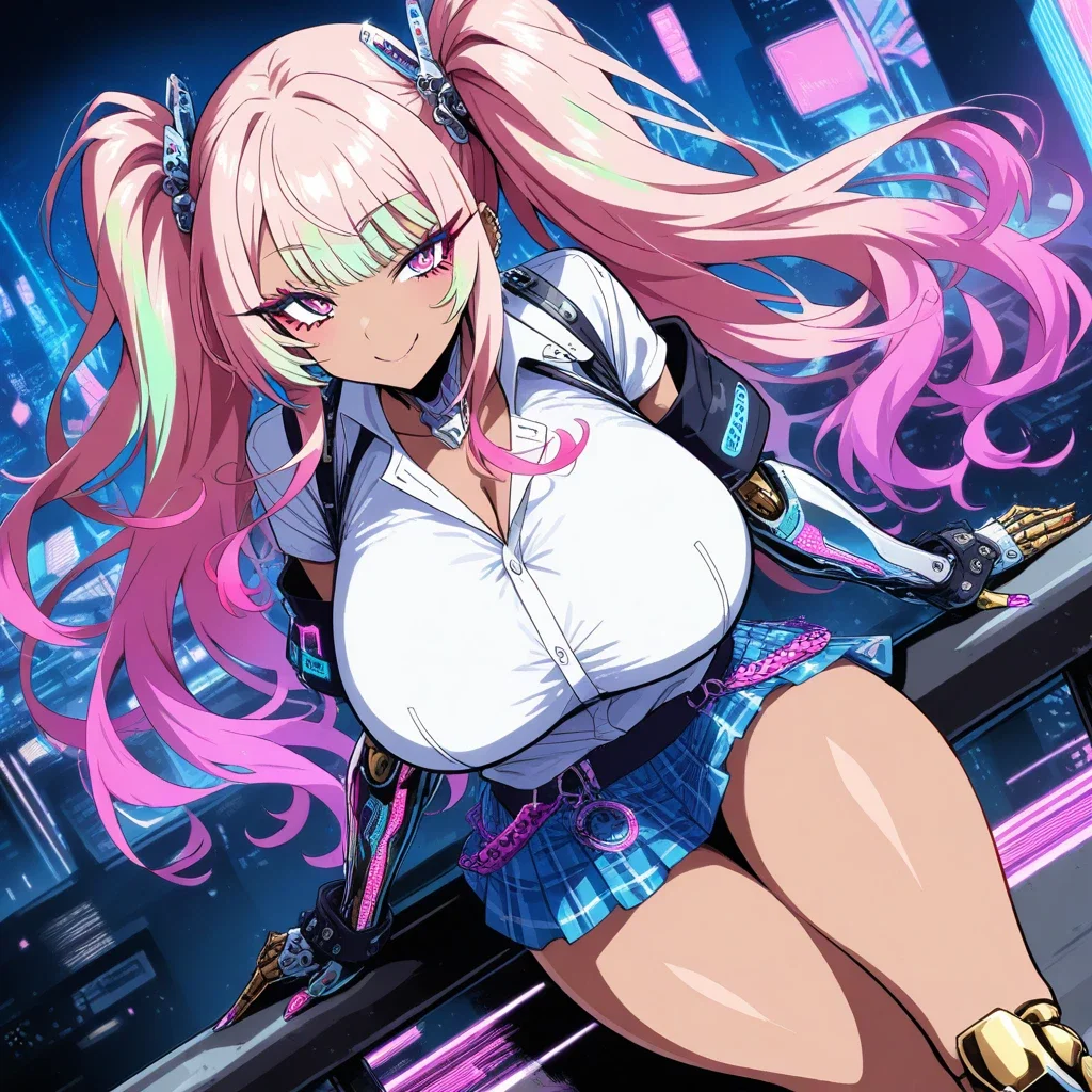 cyborg gyaru in cyberpunk outfit peace sign
