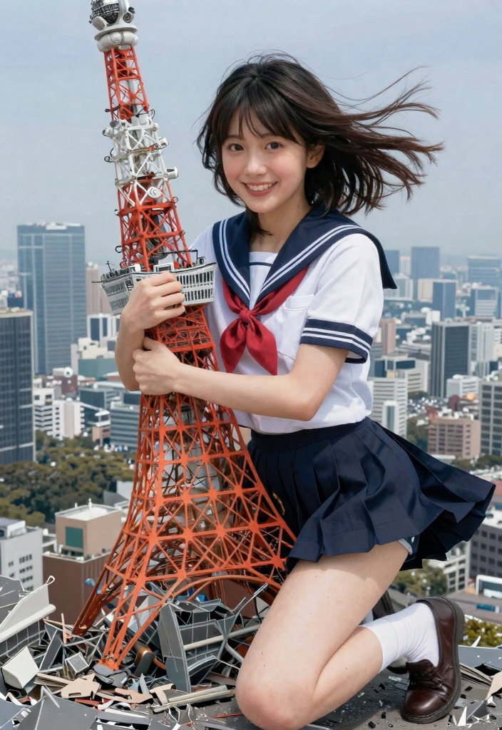 giant japanese woman holding tokyo tower
