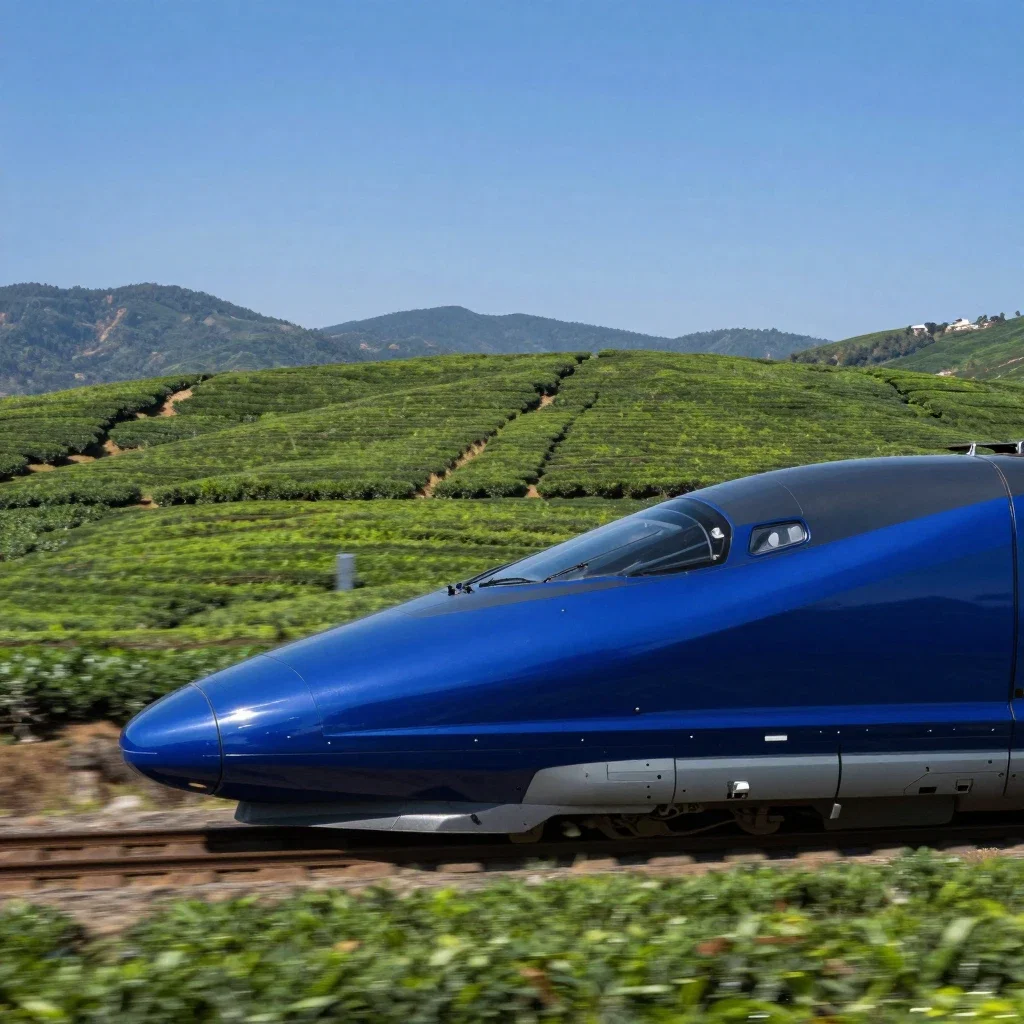 futuristic bullet train speeding through tea plantations