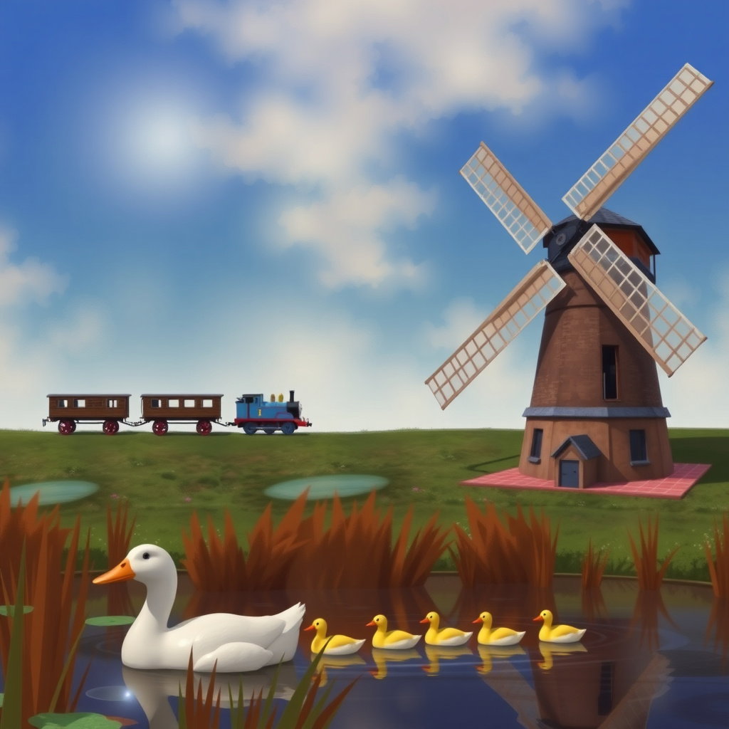 thomas tank engine pulling coaches windmill background