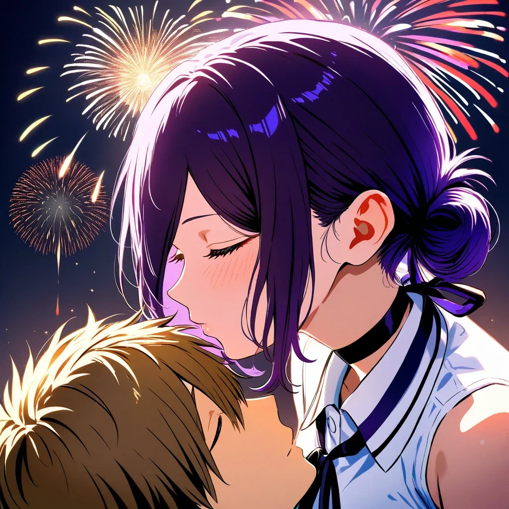reze and denji nighttime fireworks kiss
