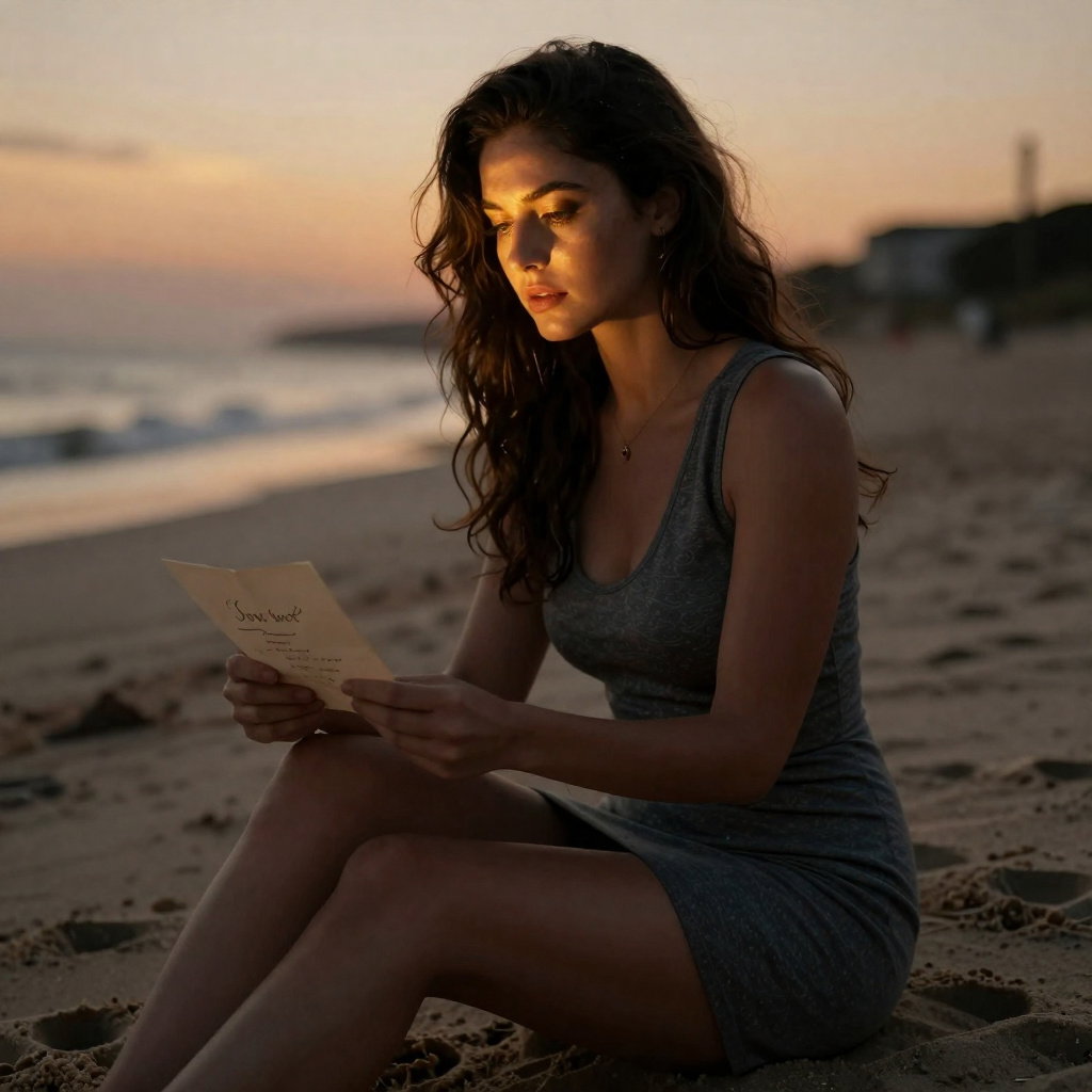 glamorous woman reading letter on beach