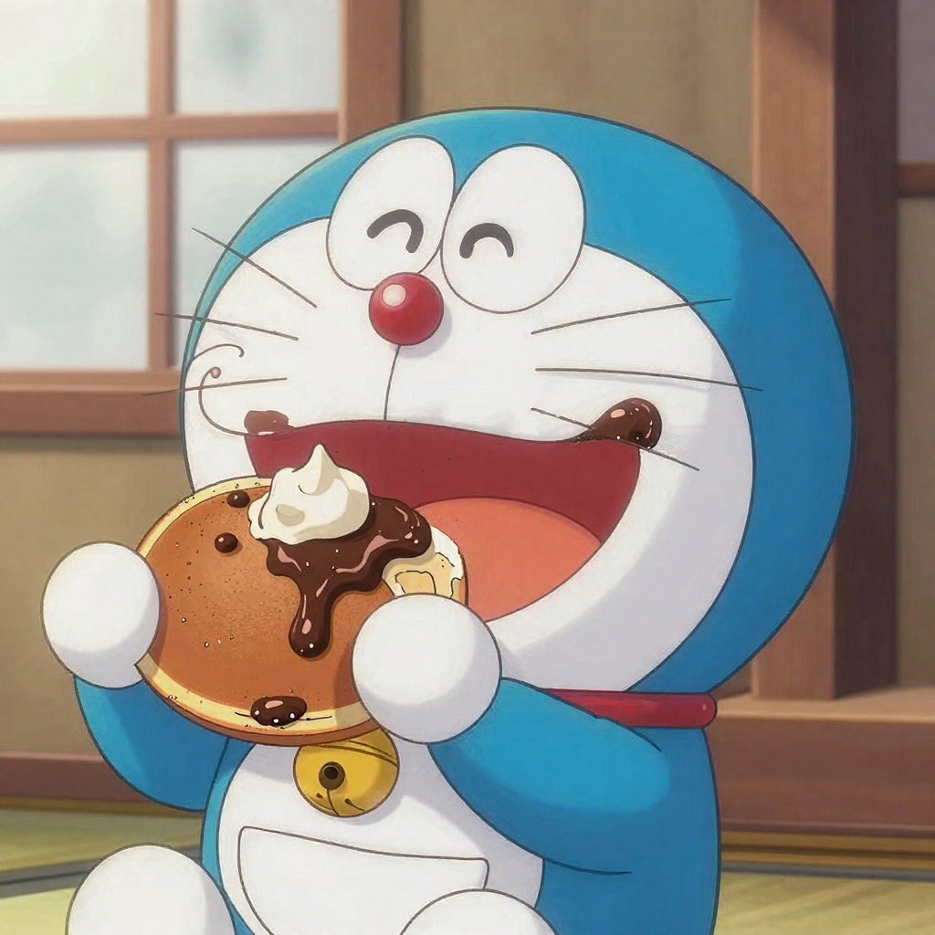 ukiyo e anime doraemon eating dorayaki chocolate