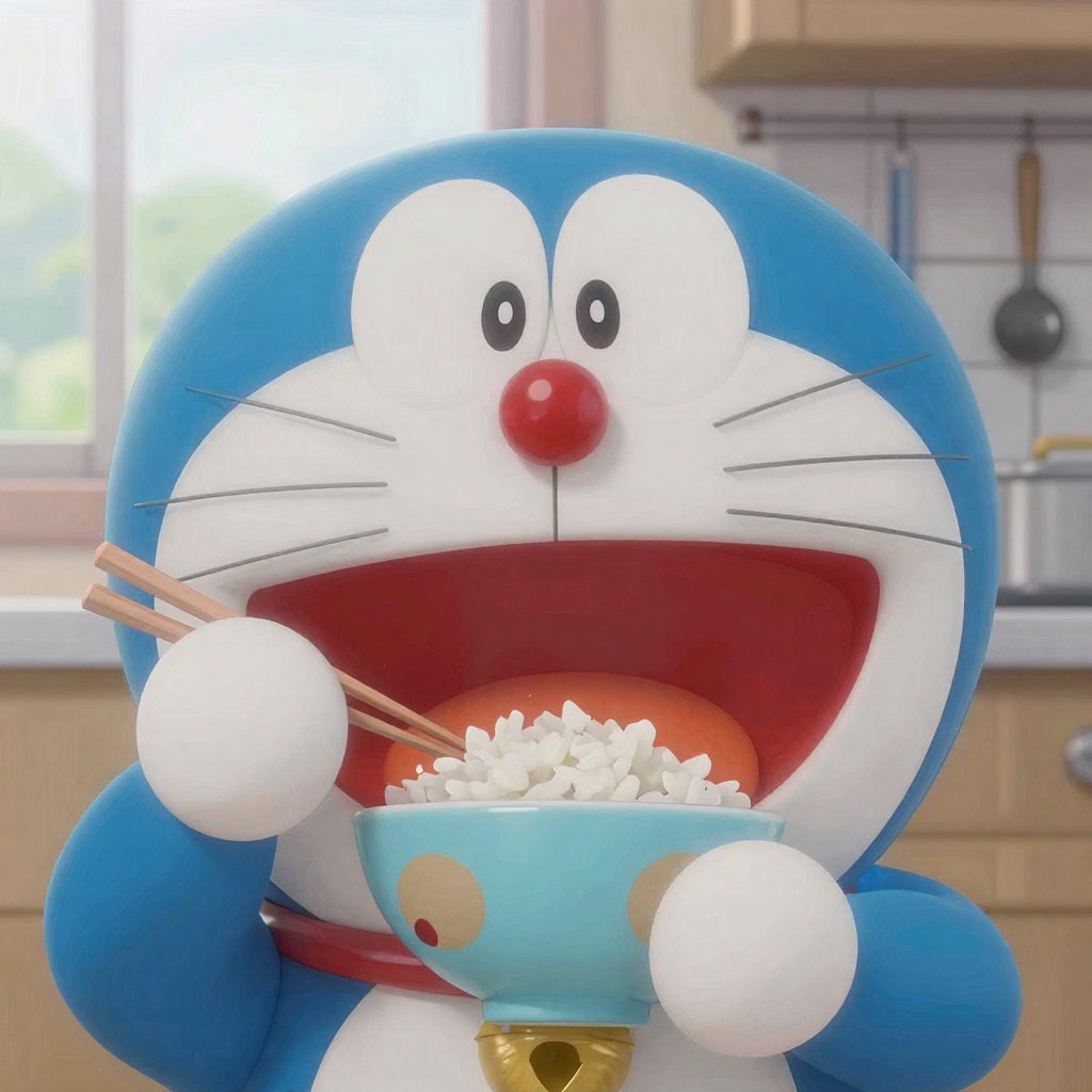 pixar style 3d doraemon eating rice