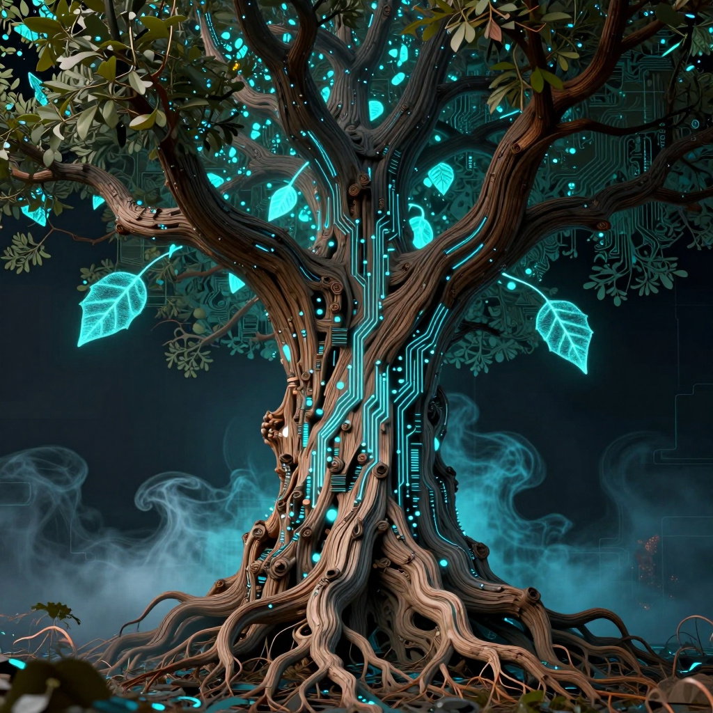 glitch art surrealism ancient tree glow void