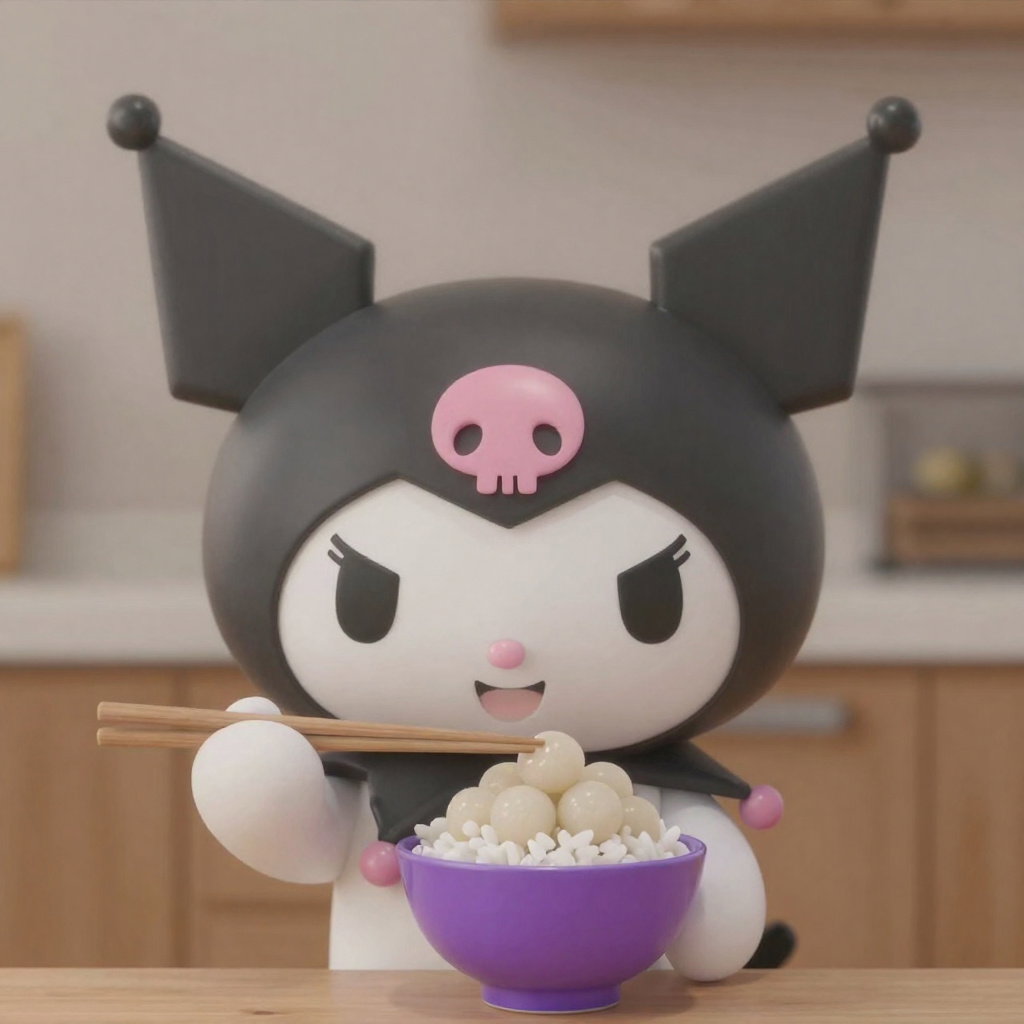 kuromi joyful eating rice chopsticks