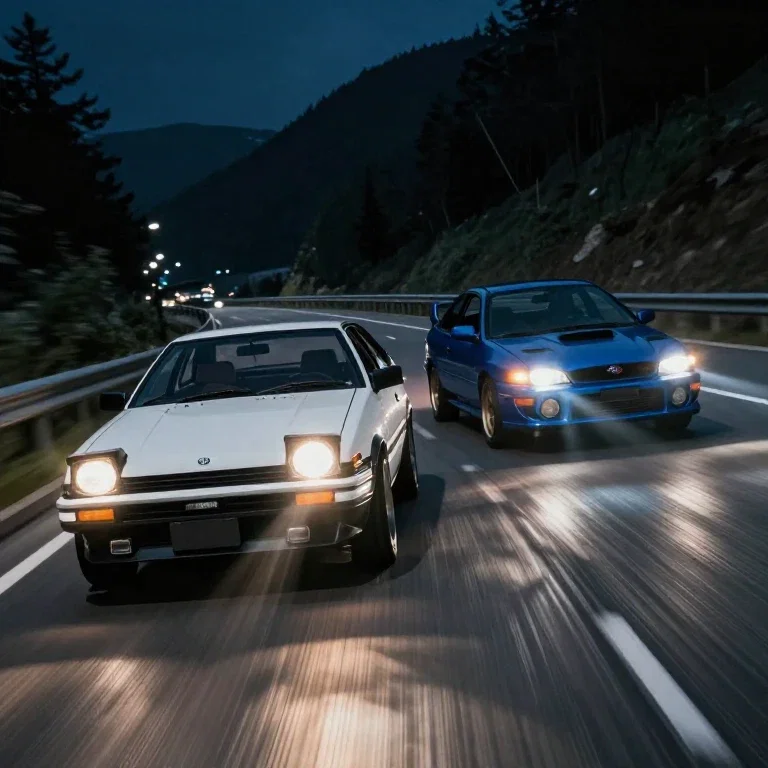 two cars racing night mountain road
