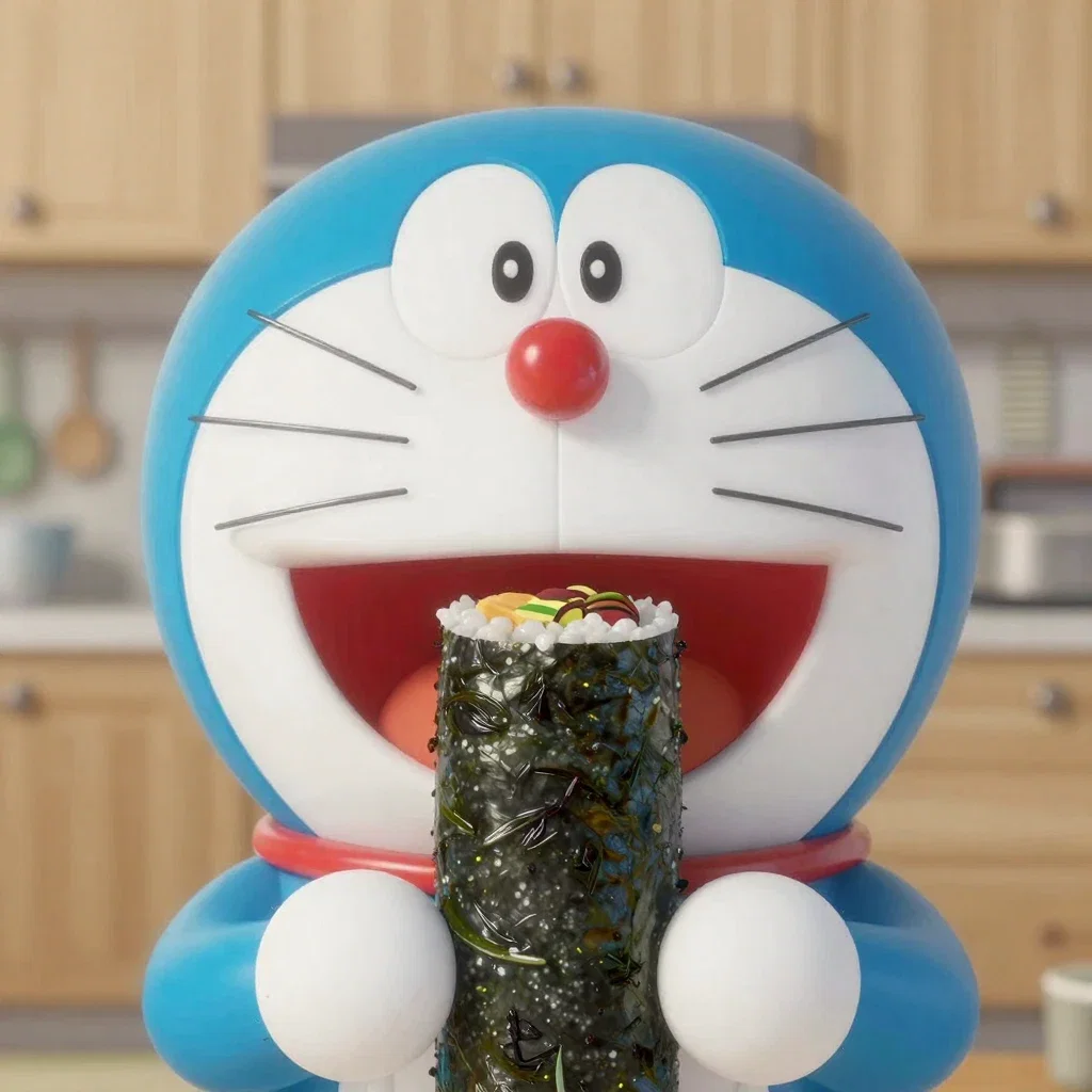 pixar style doraemon eating ehomaki sushi