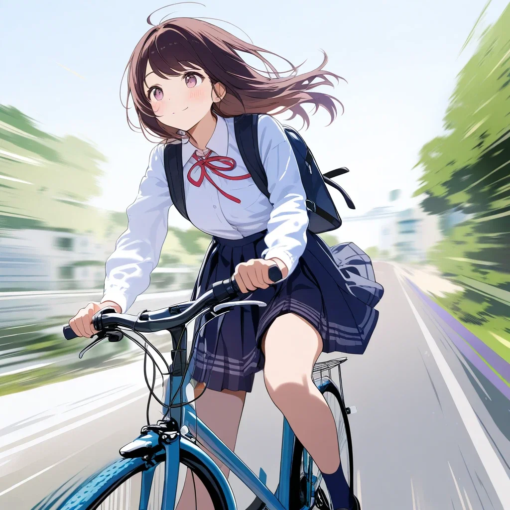cute schoolgirl rides bicycle fast
