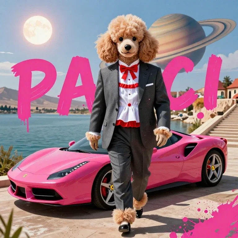 preppy poodle pokemon driving ferrari surreal art