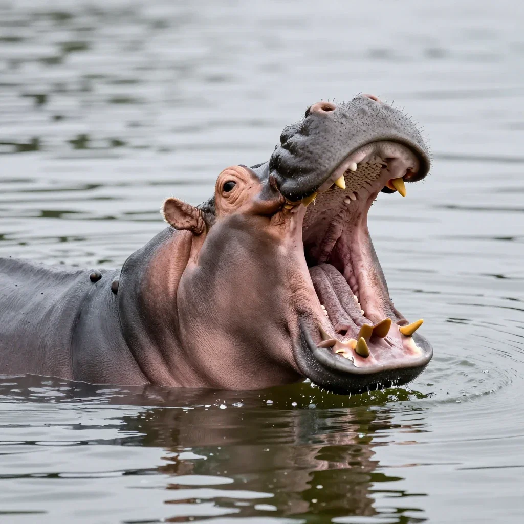 hippo yawning on water surface