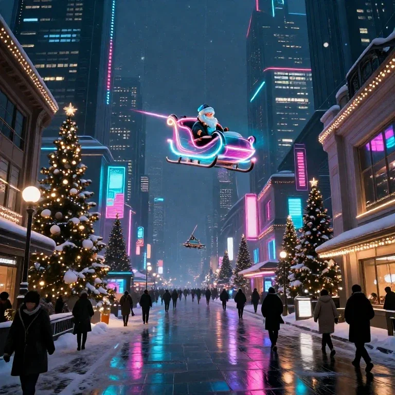 futuristic cyberpunk christmas city neon holiday lights