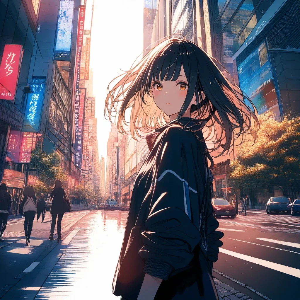 stylish girl walking in shibuya watercolor painting
