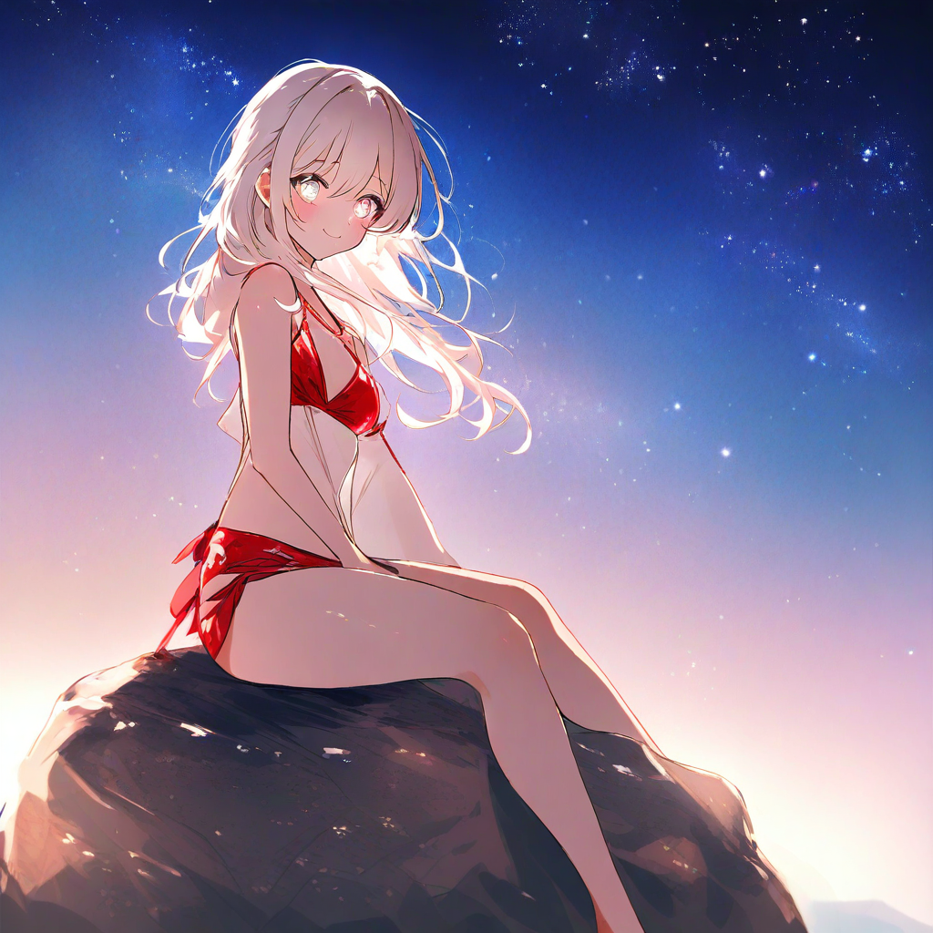shy blushing beauty red bikini galaxy eyes