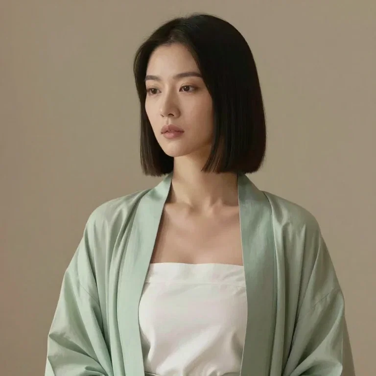 asian woman white strapless top green robe