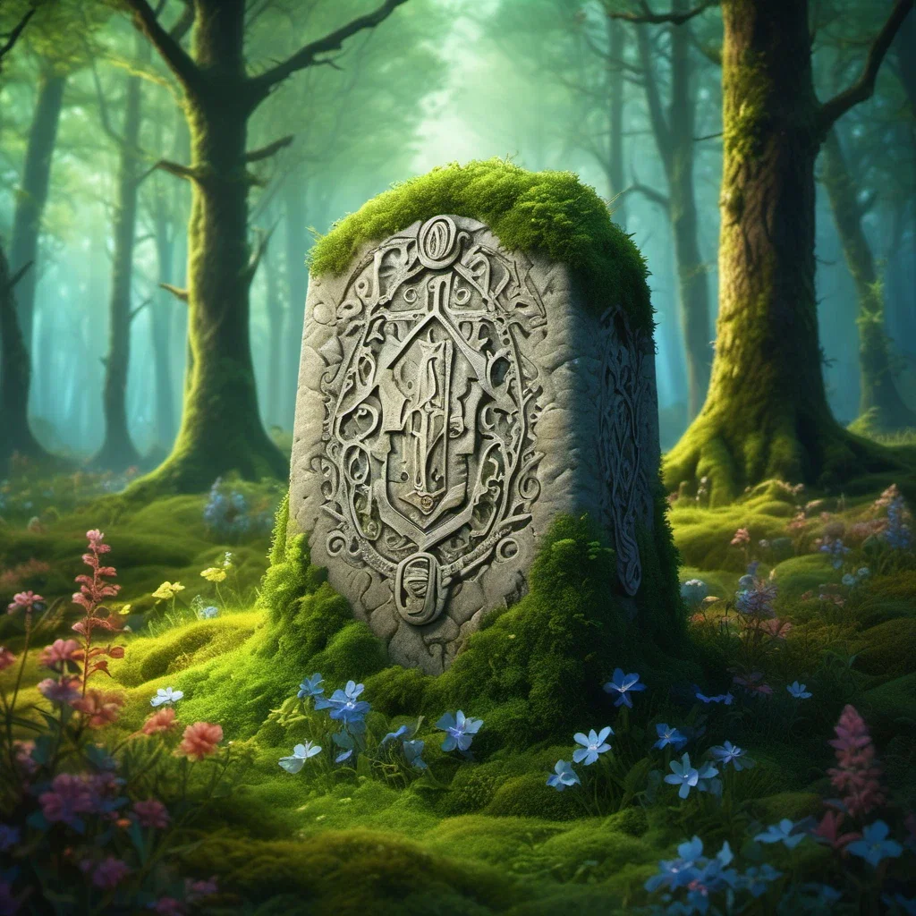fantasy art moss covered runic stone divine light