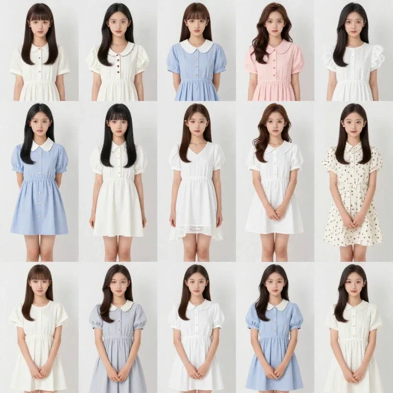 twelve beautiful young girls in different dresses