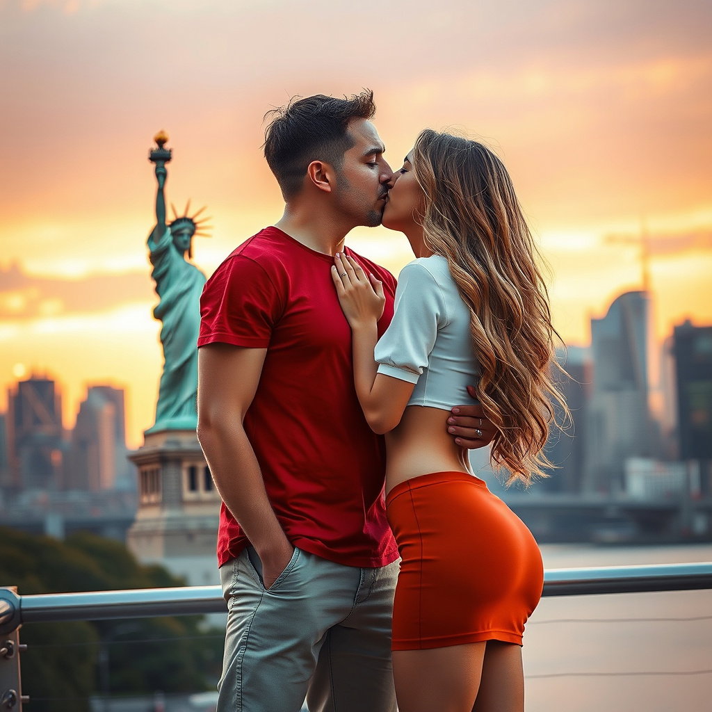 american couple kissing statue liberty background