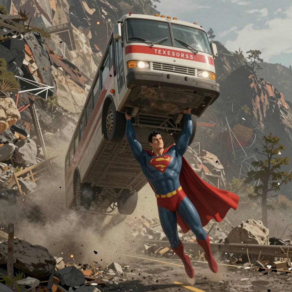 superman rescues bus from landslide