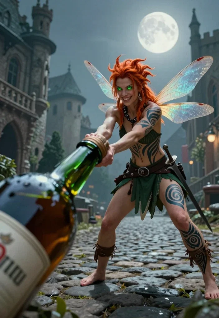 rebellious faerie pulling giant liquor bottle