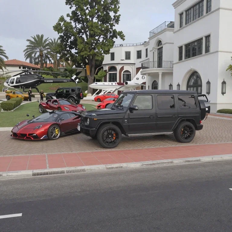 luxury villa with cars and aircraft
