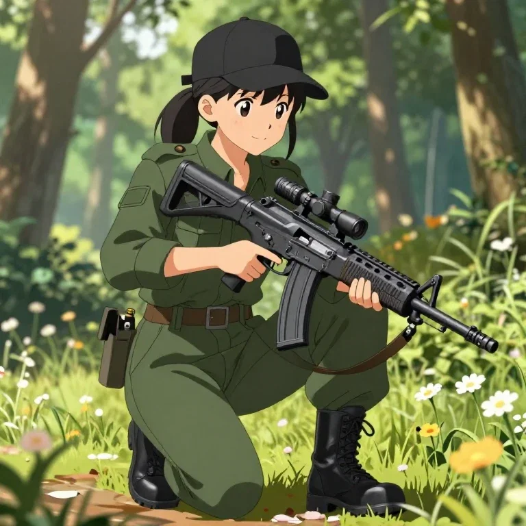anime girl in military outfit holding rifle