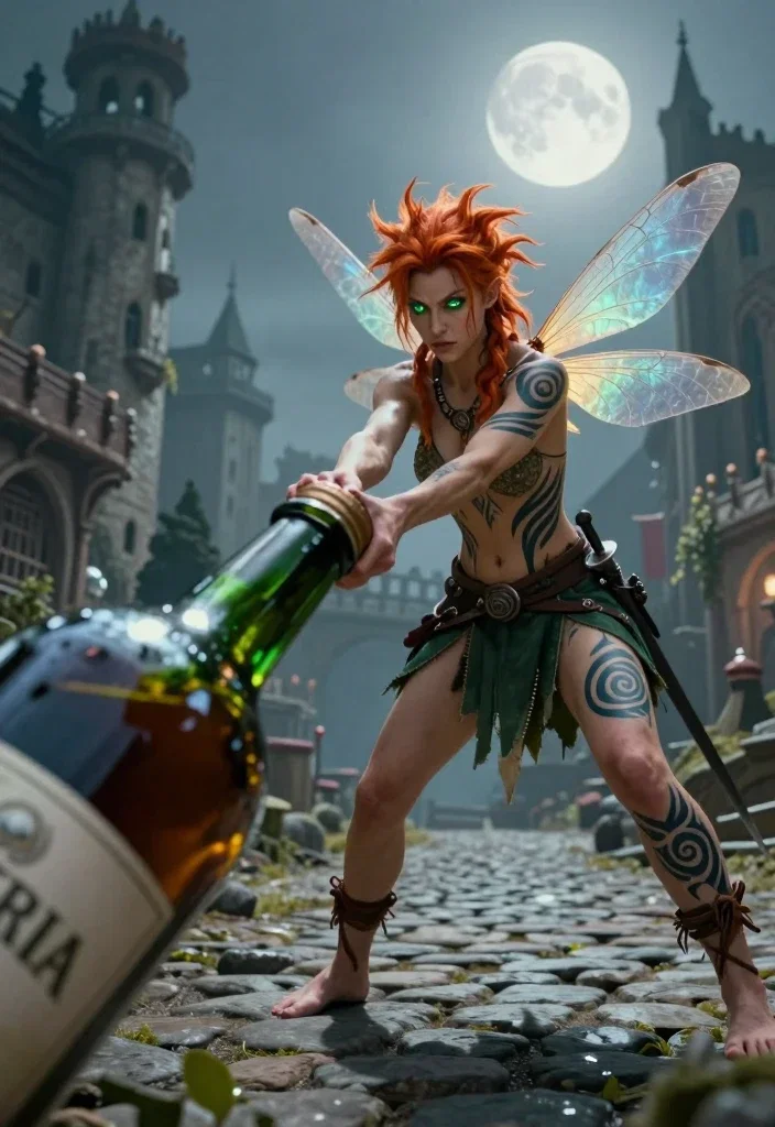 rebellious faerie pulling giant liquor bottle