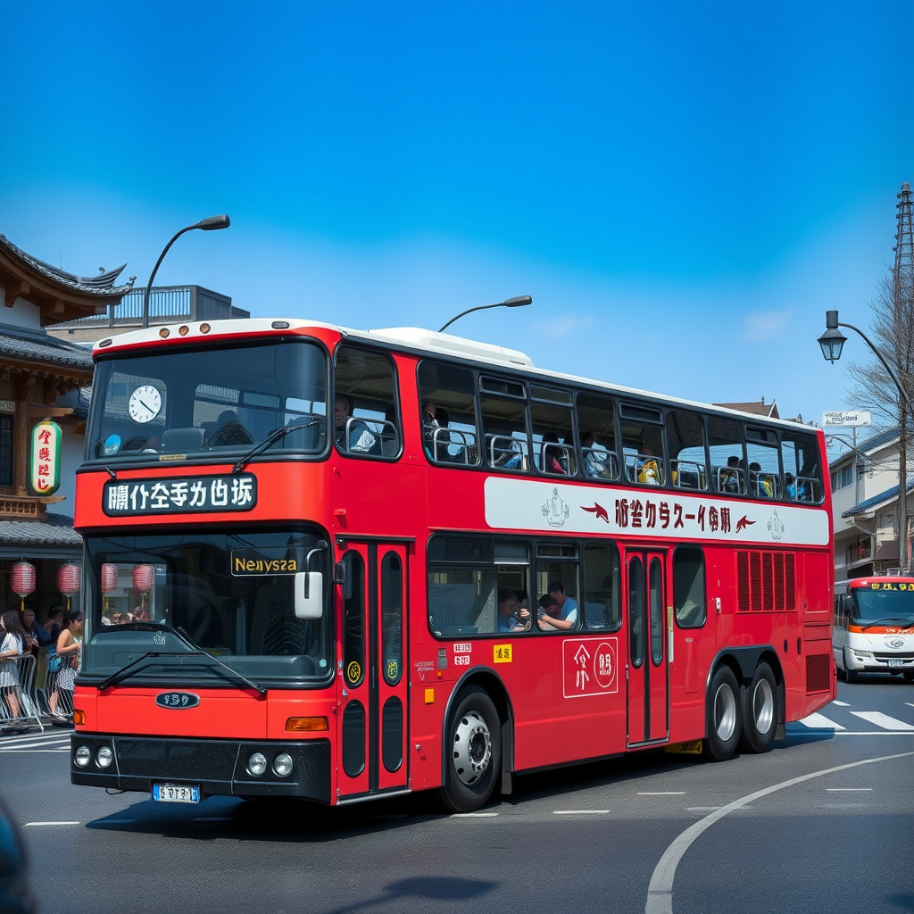 red neoplan skyliner bus asakusa street motion blur