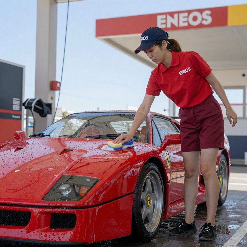 japanese attendant cleans red ferrari f40