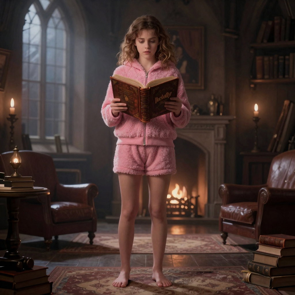 hermione granger reading spellbook in gryffindor common room