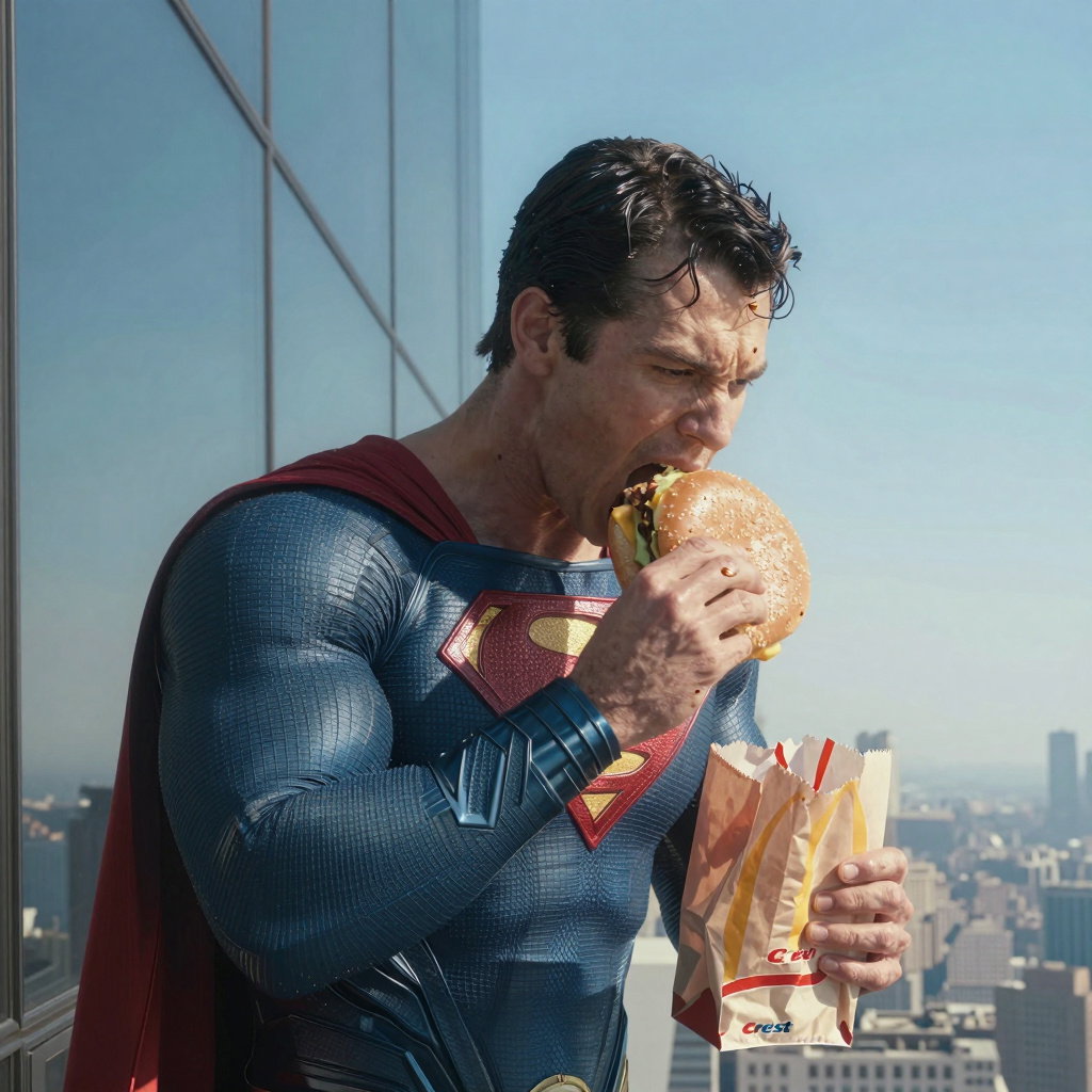 superman eating burger on skyscraper at sunset