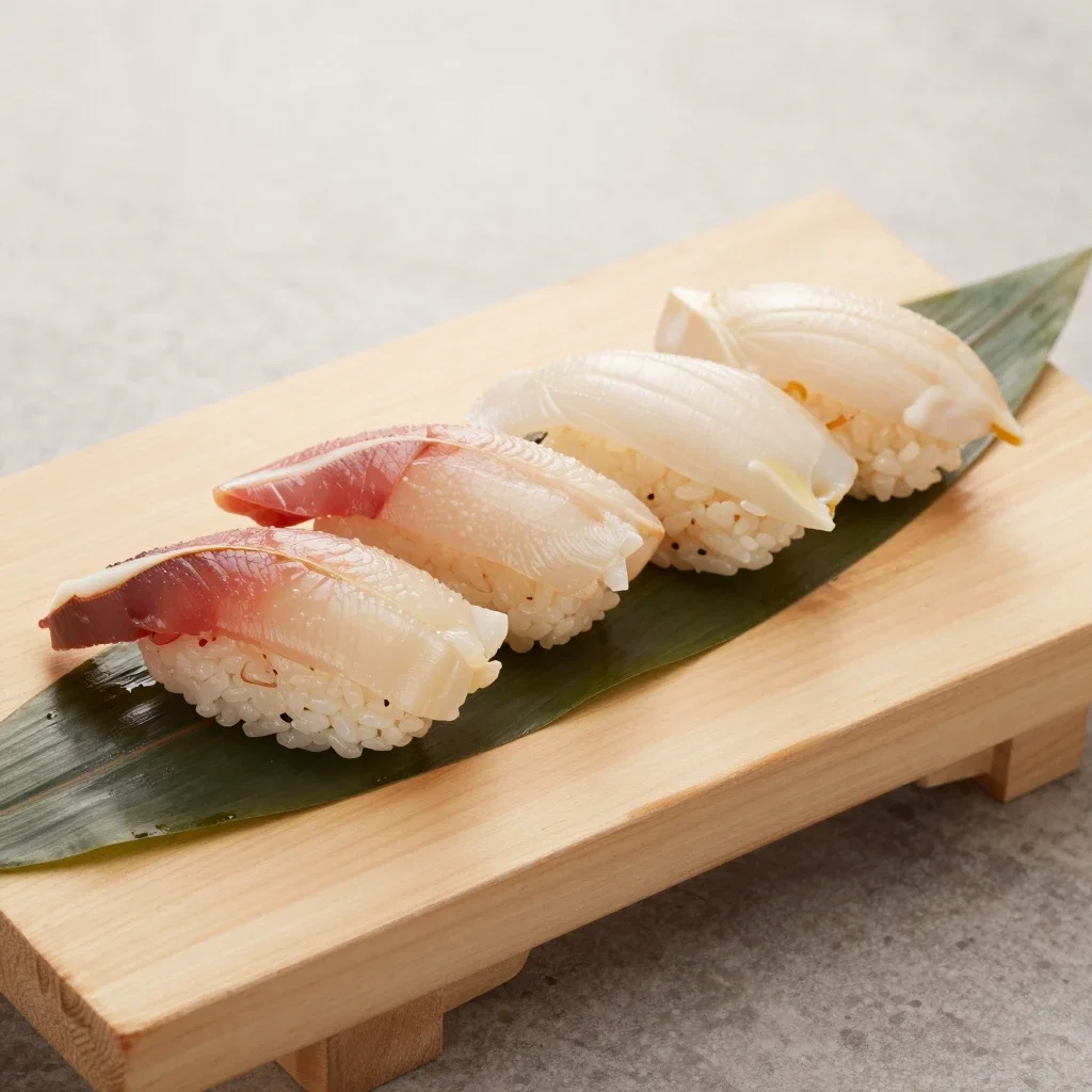surf clam whelk sushi photorealistic macro details