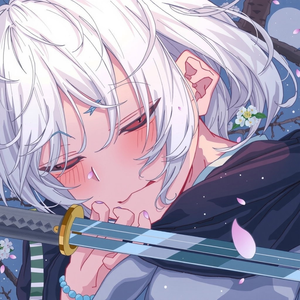 ukiyo e young boy white hair cherry blossoms