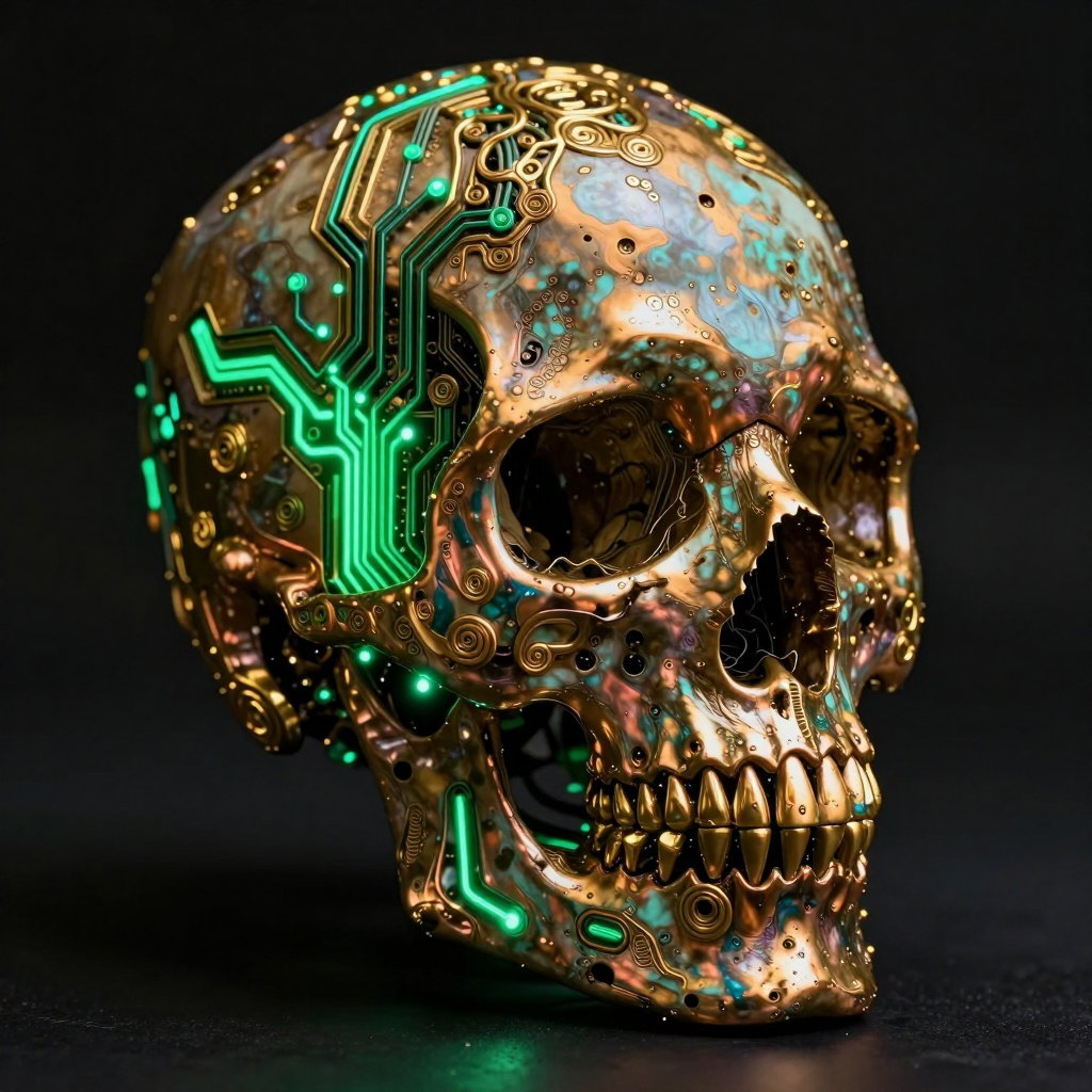 hyperrealistic skull with emerald circuitry
