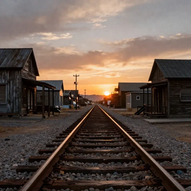 rusty tracks through ghost town at sunset