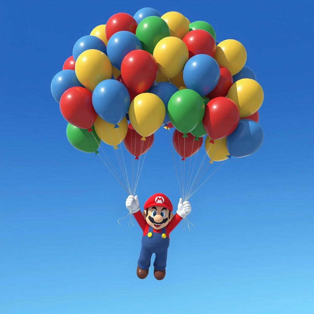 mario ascends with vibrant balloons cinematic render