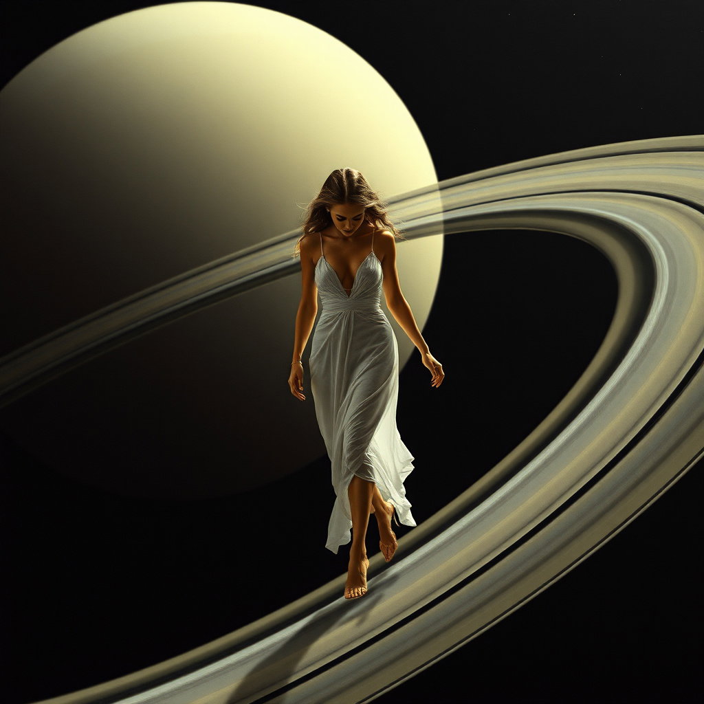 woman walking saturn rings white dress