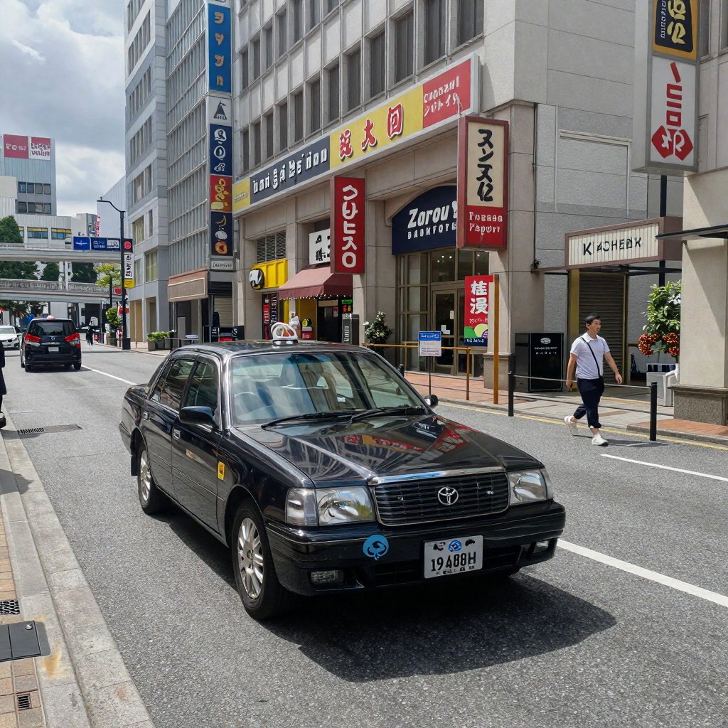 glossy black toyota crown taxi passing diamond building