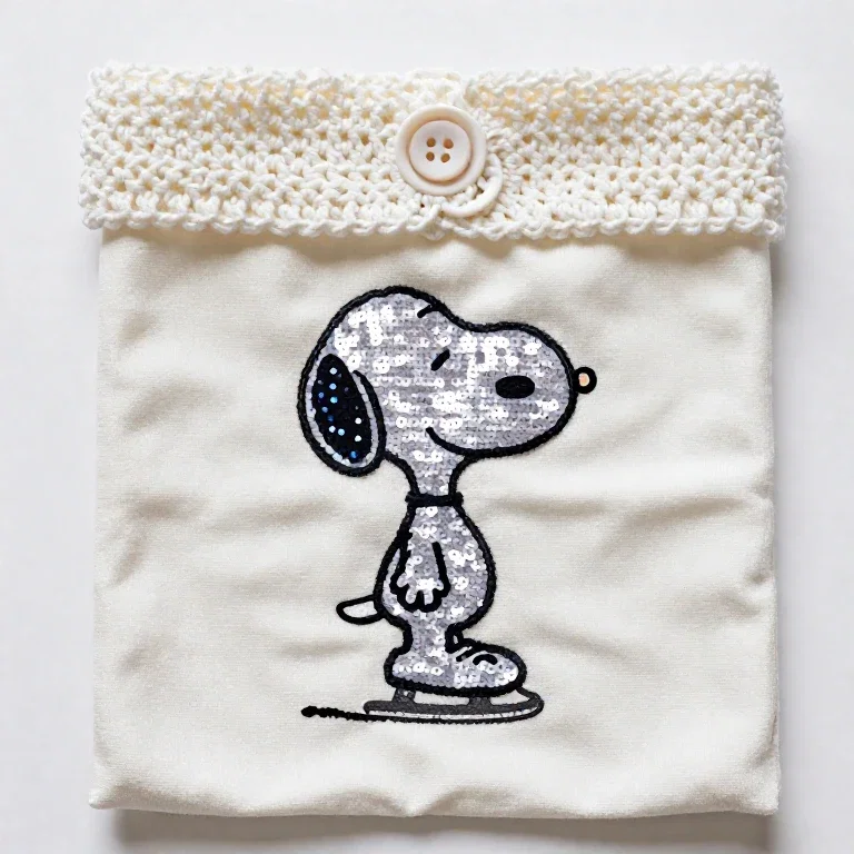 sequin snoopy ice skates flour sack towel crochet top