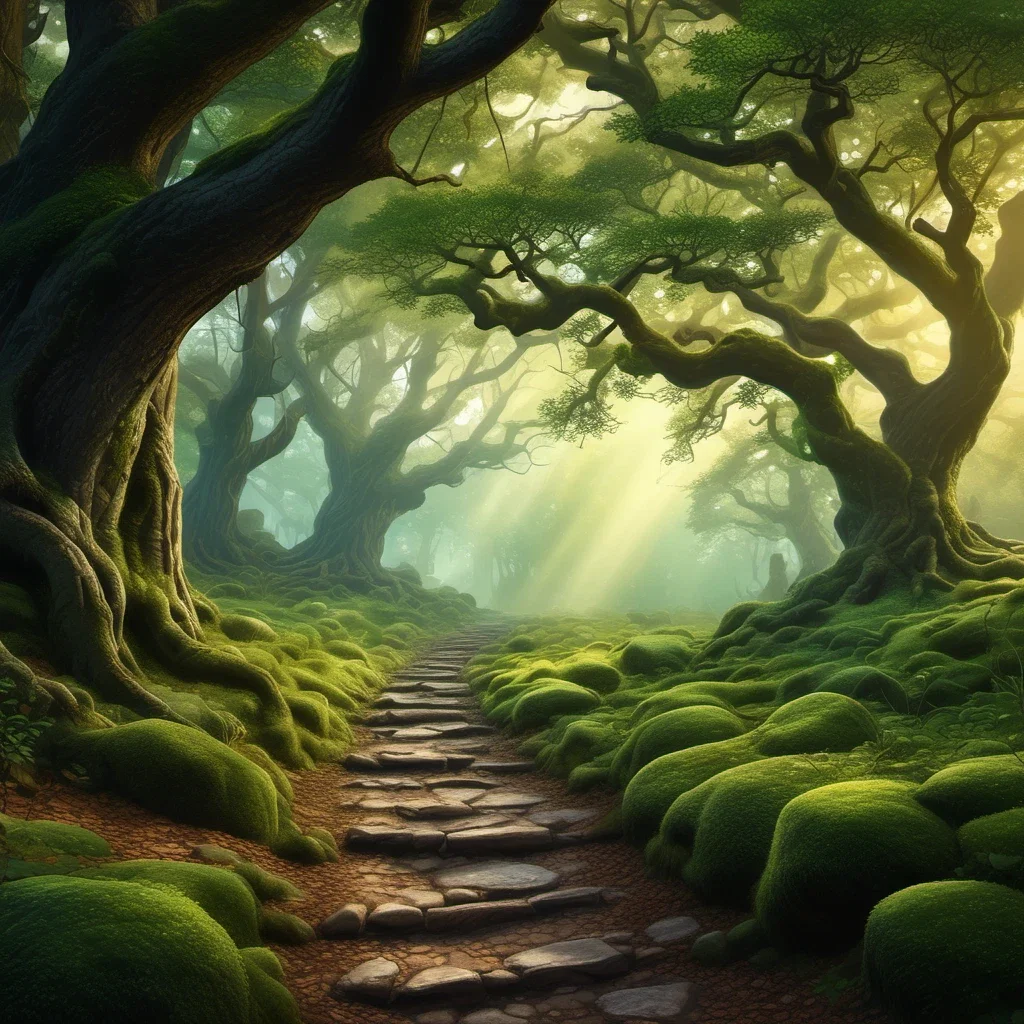 winding cobblestone path in enchanted forest