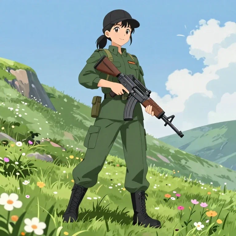 anime girl military outfit holding rifle
