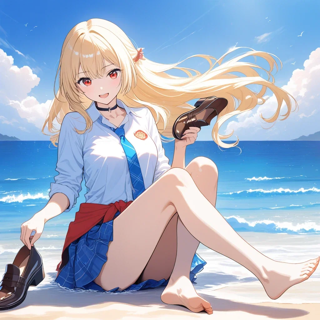 cute blonde girl beach laughing holding shoes